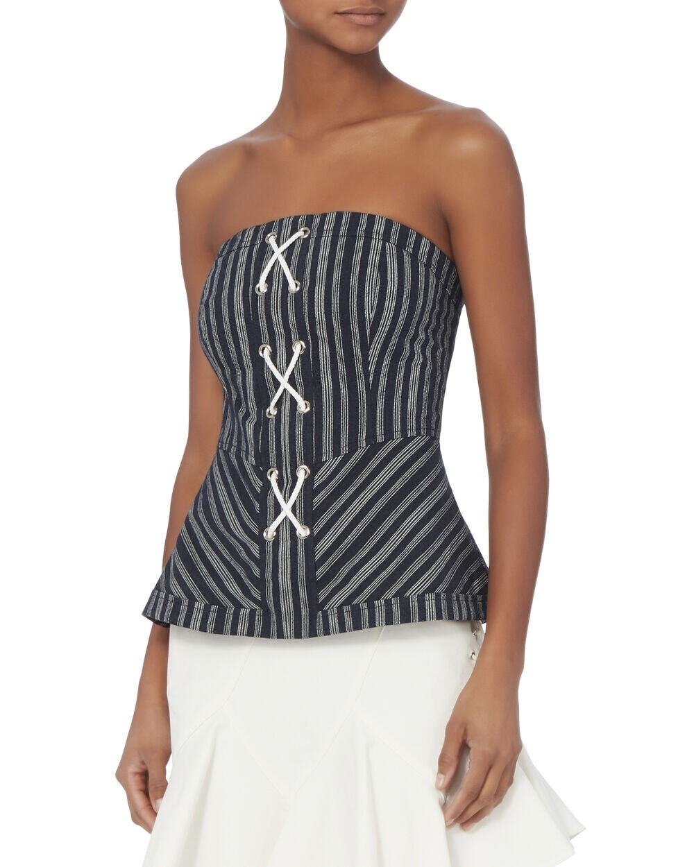 INTERMIX Blue White Cotton Blend Addison Striped Lace Up Bustier Top Size P(S)